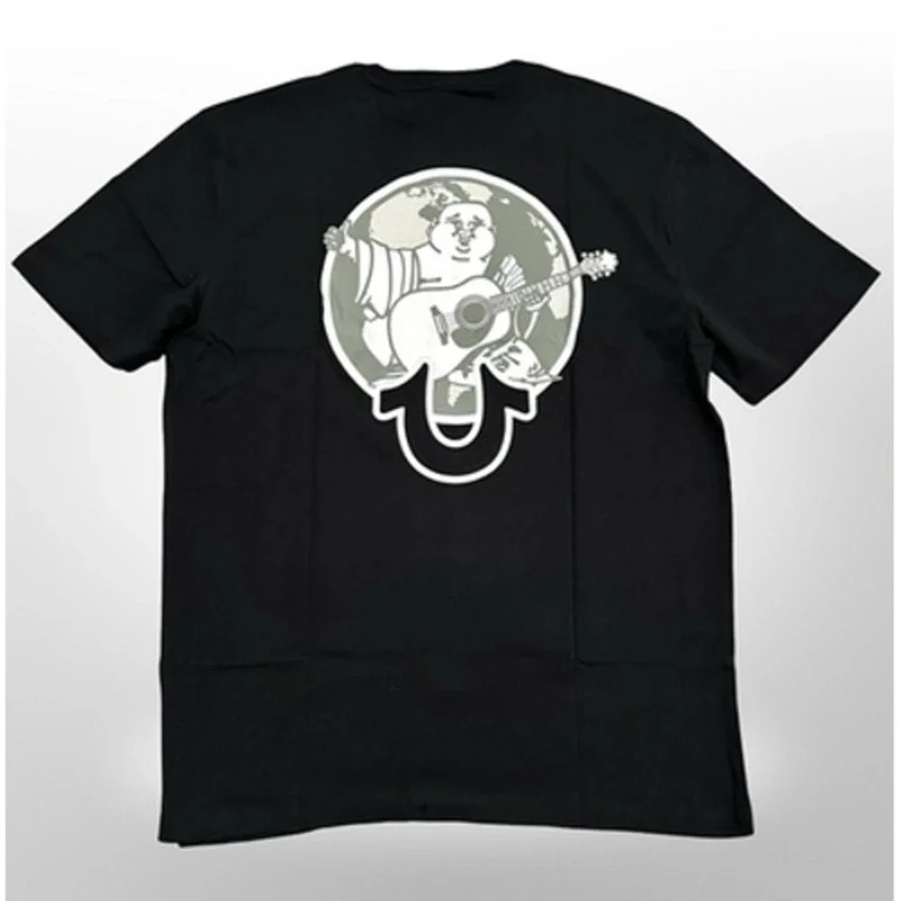 True Religion Shirt Mens XL Jet Black Buddha World Crew Tee Graphic Logo Cotton